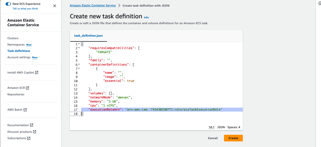 Note down the executionRoleArn and replace in the provided template below. Then replace the entire template here.  