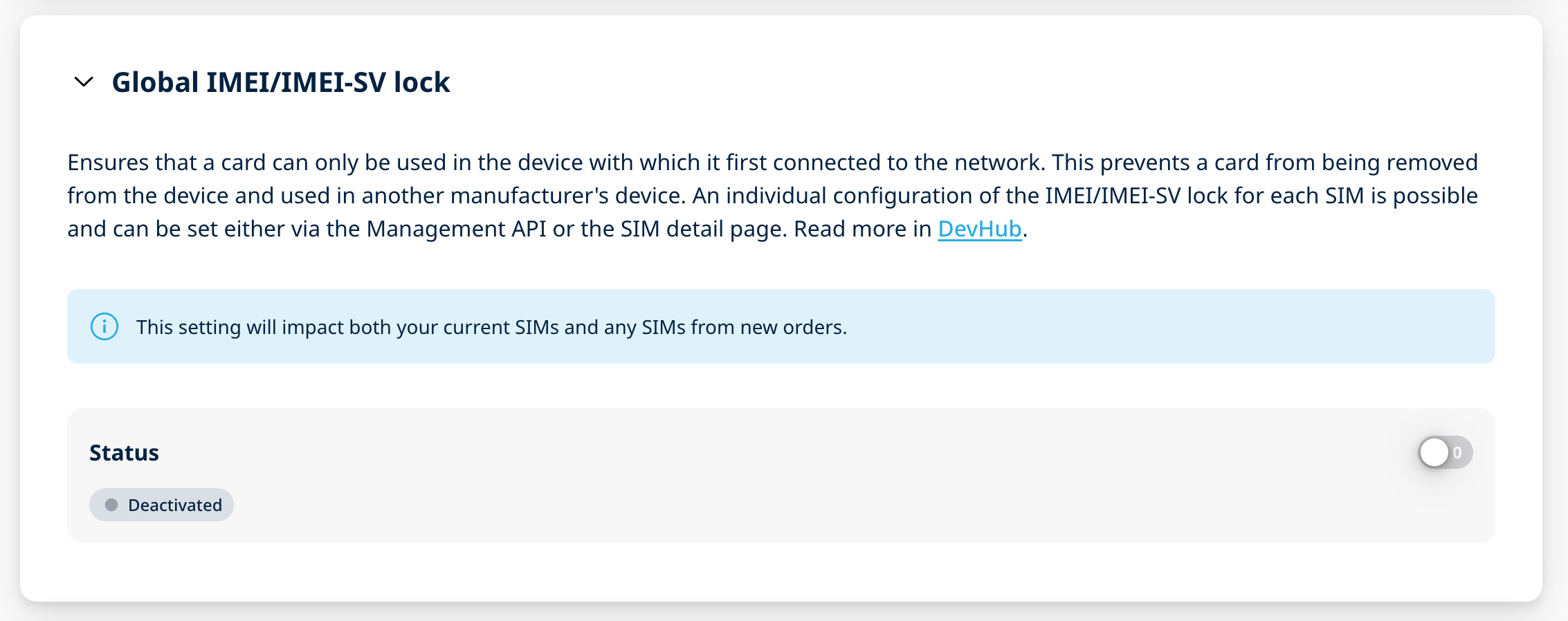 Global IMEI SIM lock settings.