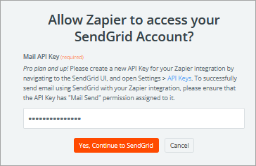 Screenshot of the screen with allowing Zapier access SendGrid account