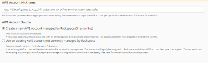 Button to specify selecting new AWS account creation