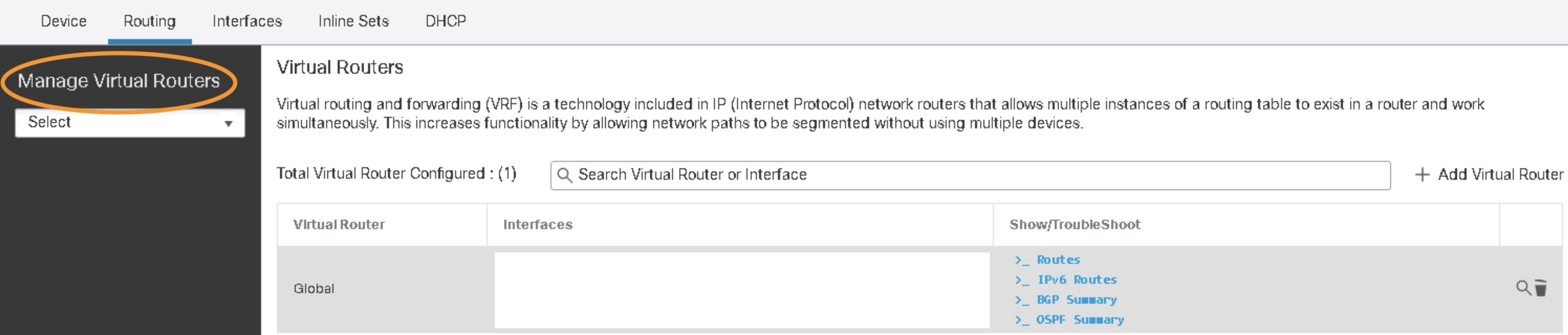 **Figure 2:** Manage Virtual Routers