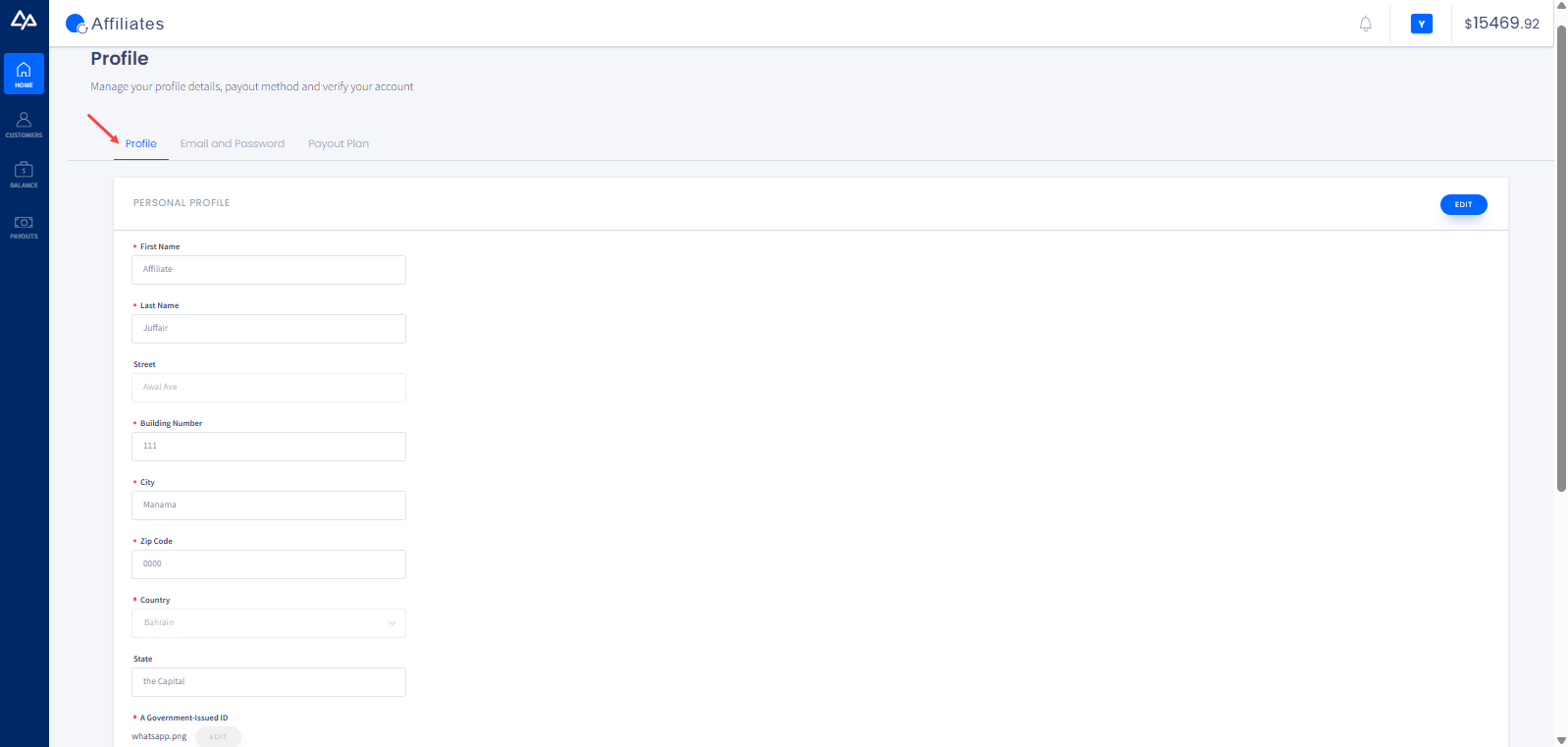 Screenshot of the Profile tab data