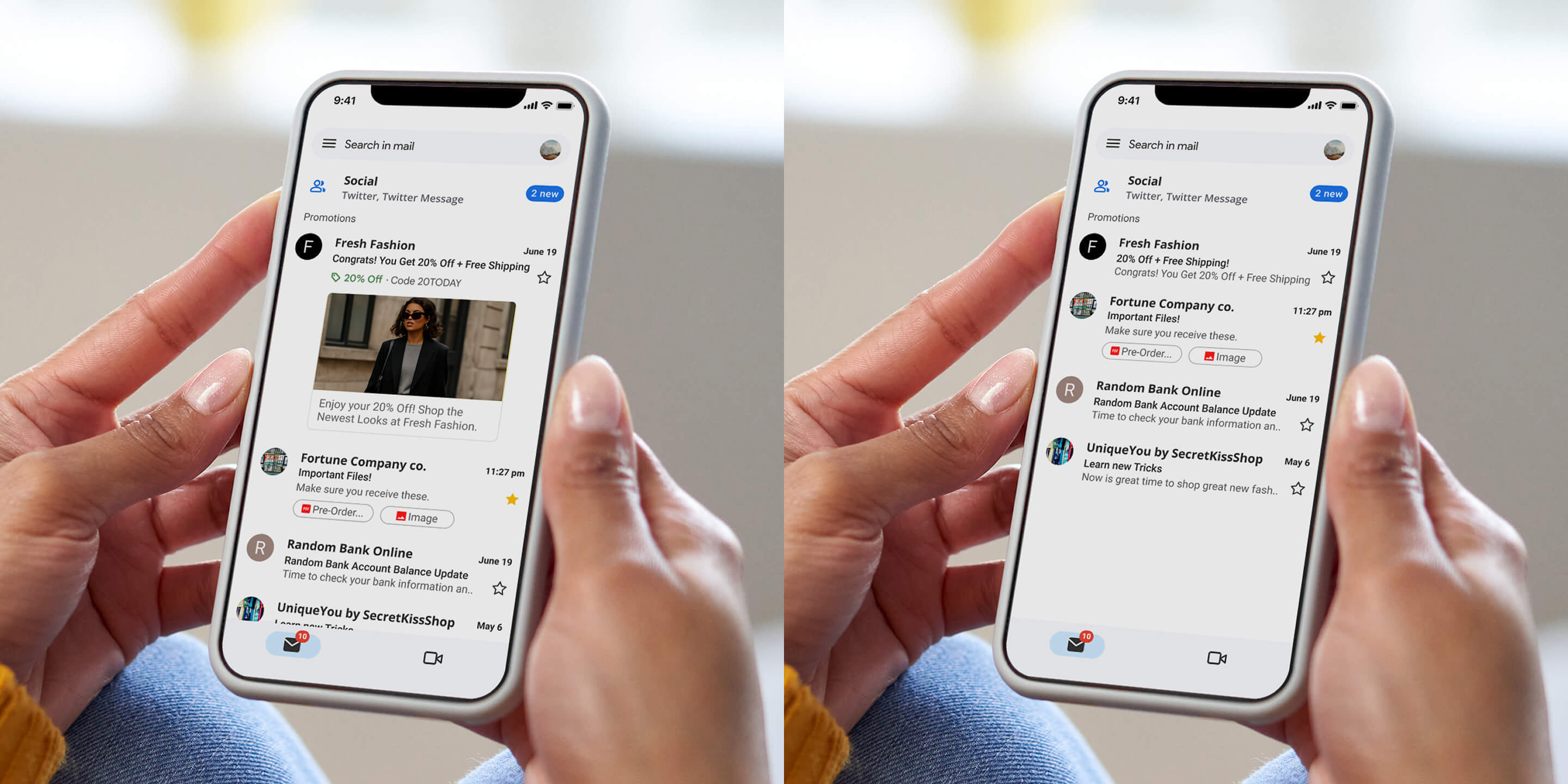 Person holding a smartphone displaying two email inbox views side by side, highlighting promotional emails with images, deals, and annotations in the Gmail Promotions tab.
