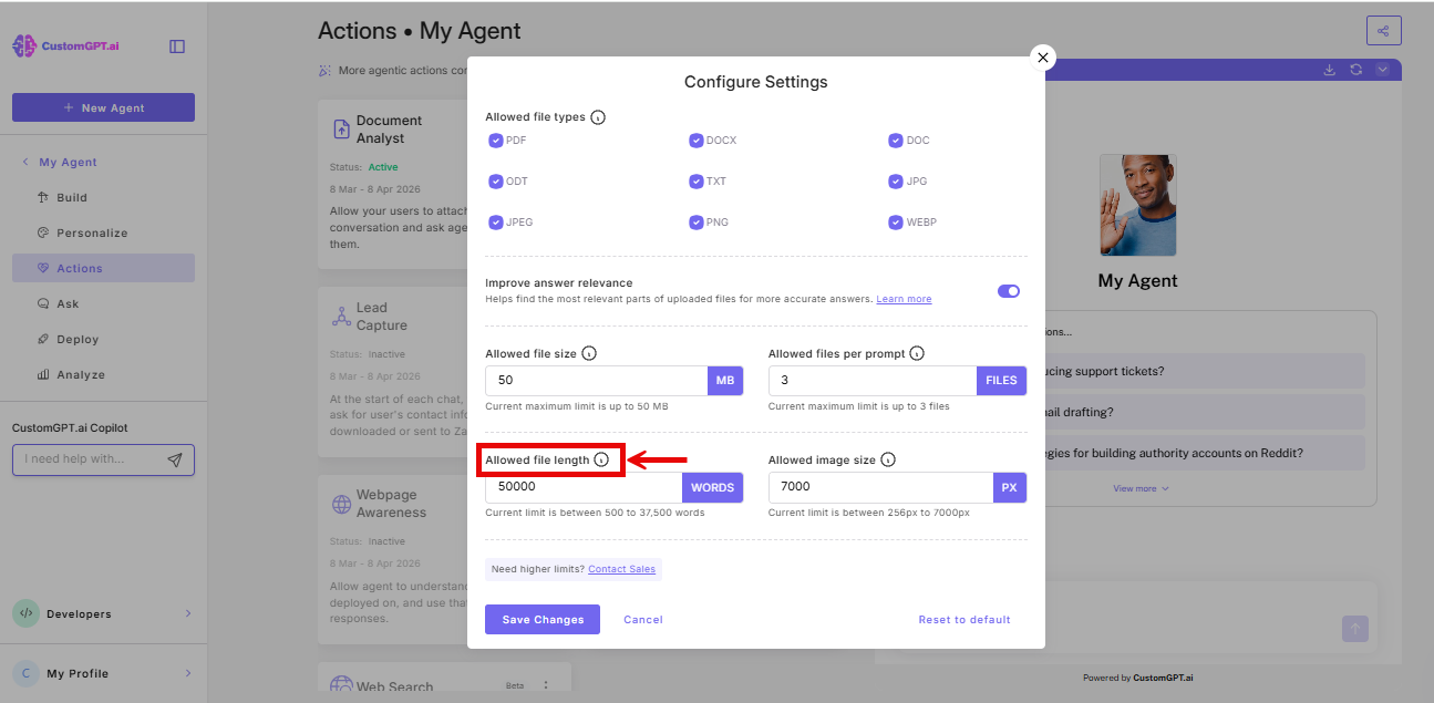 Screenshot of Allowed file length option in the configure settings of Document Analyst