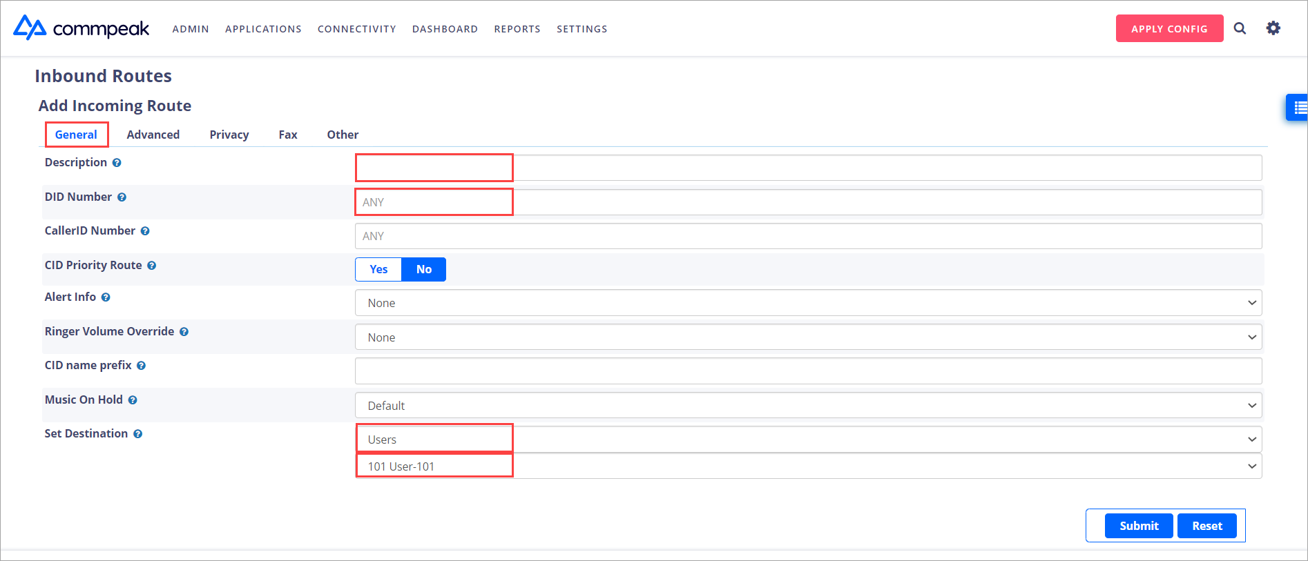 Screenshot of the **Inbound Routes > General** tab