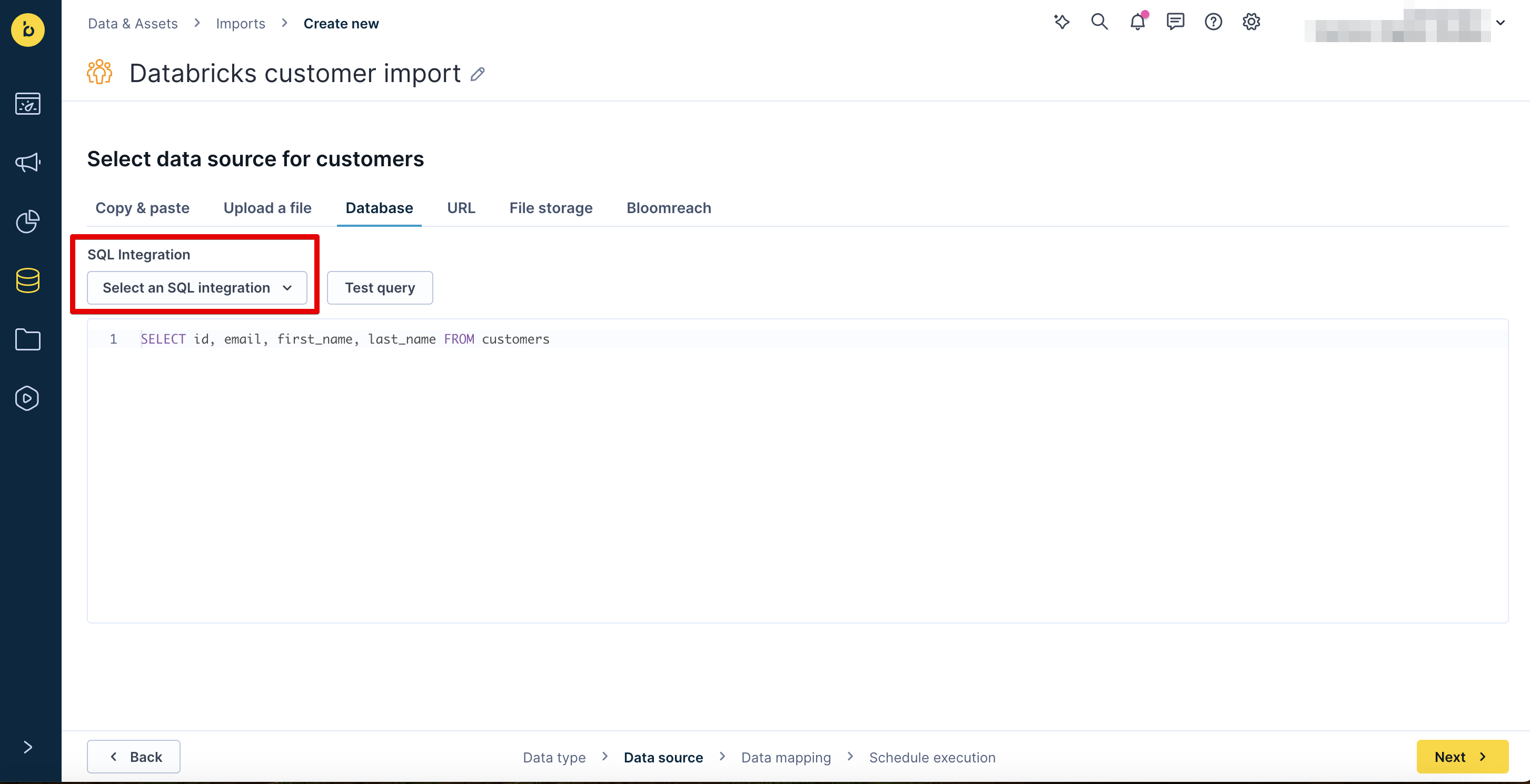 SQL Integration dropdown with Databricks integration selected