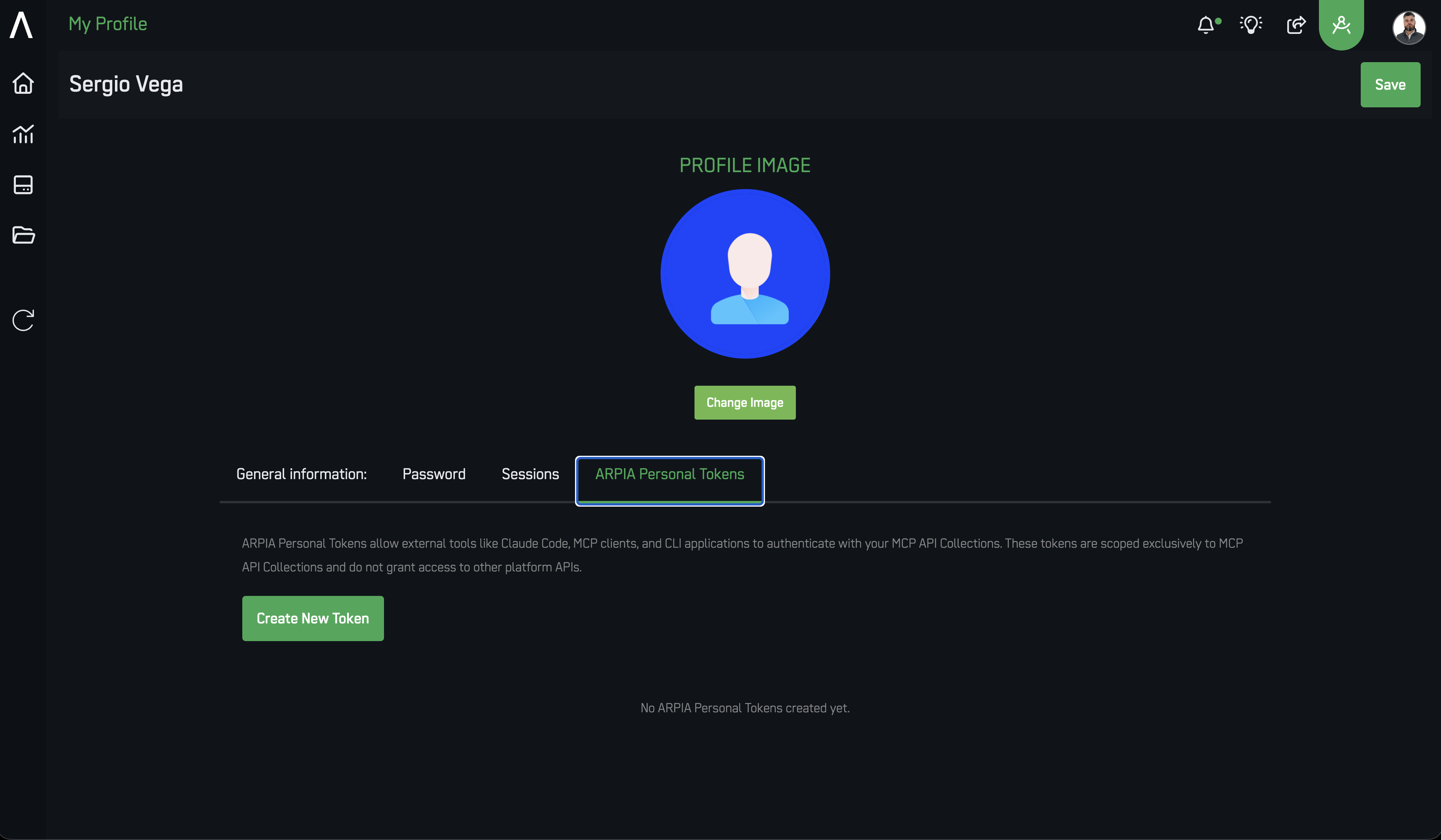 My Profile — ARPIA Personal Tokens tab