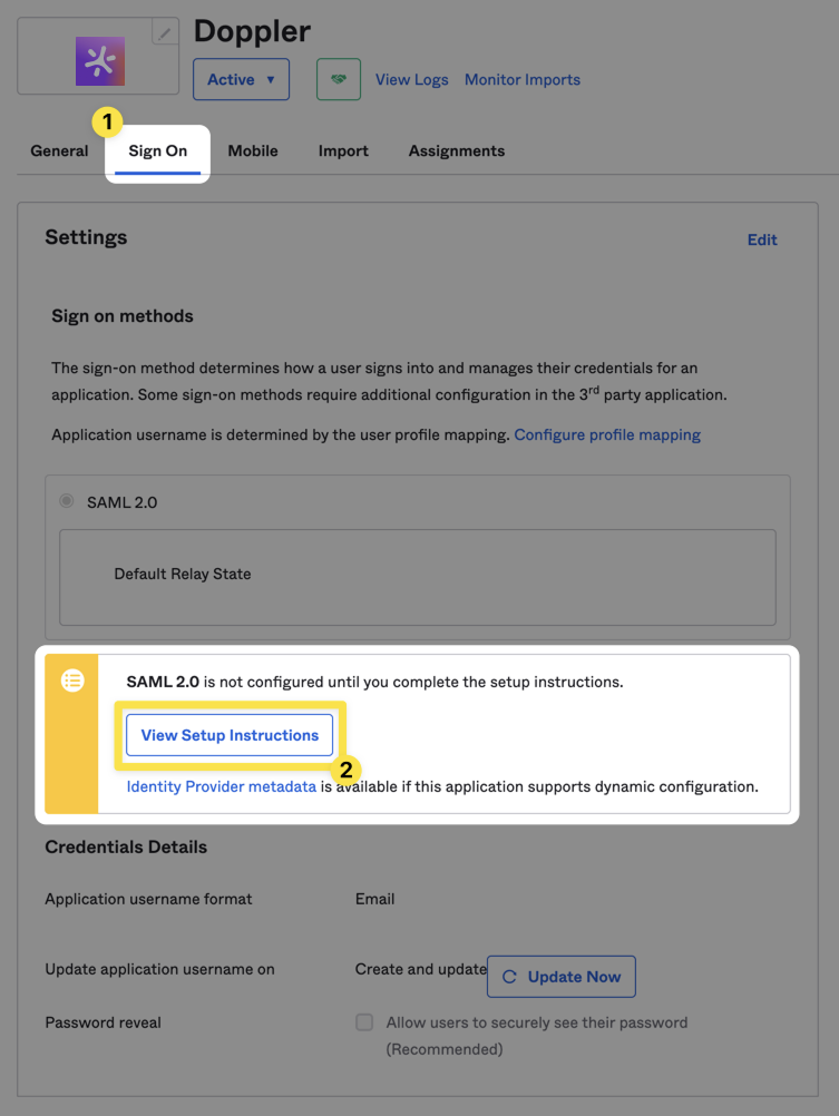 Okta Admin Console showing the successfully created SAML application for Doppler, ready for further configuration.