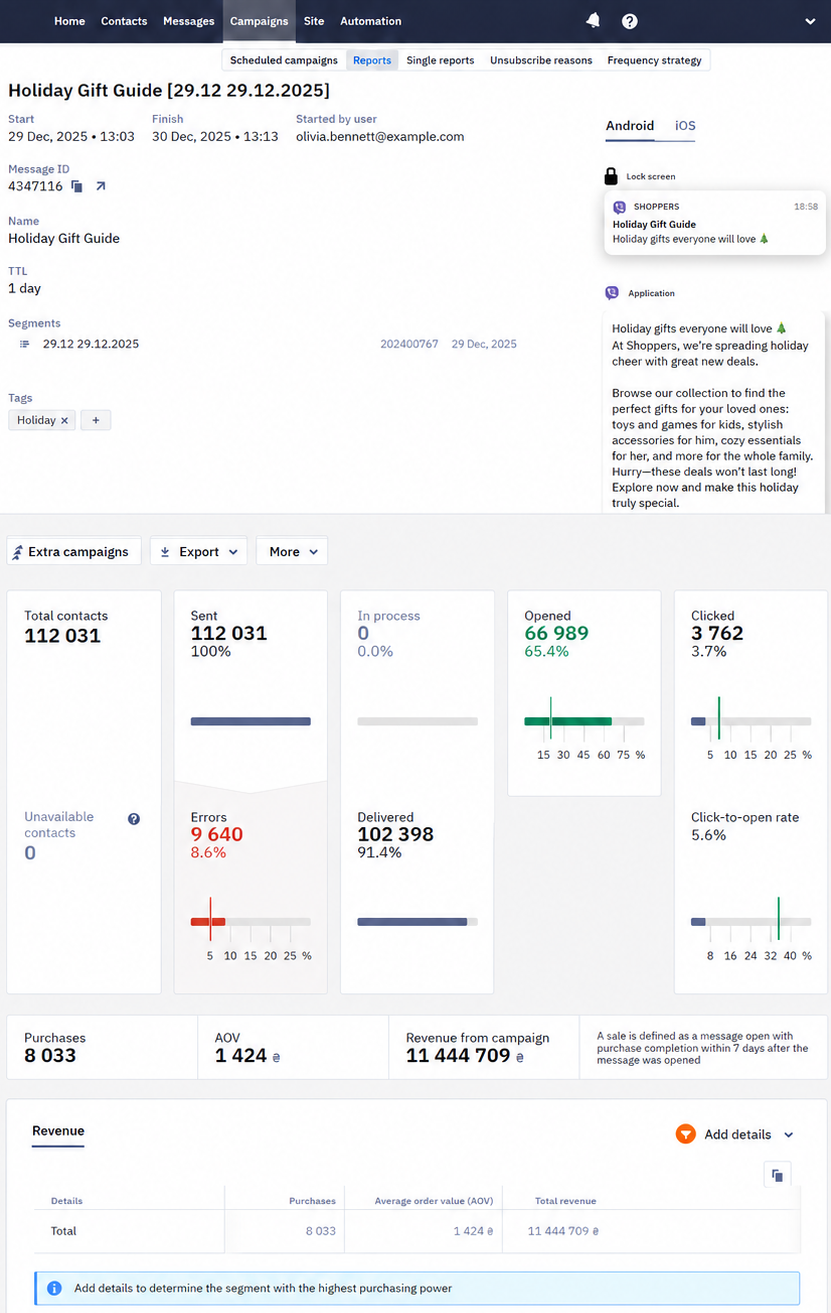 Viber campaign report overview with four sections