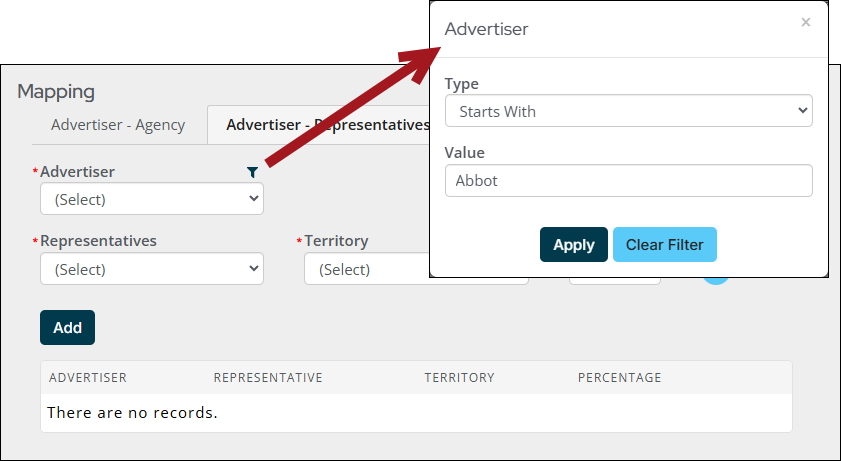 An arrow showing the filter icon.