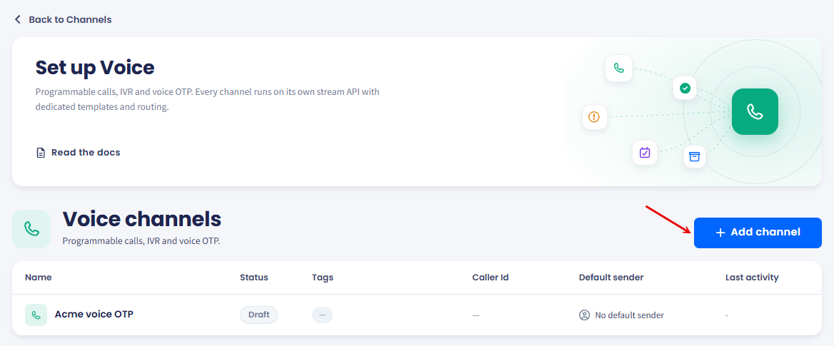 Voice channel list with an empty state inviting you to create the first channel
