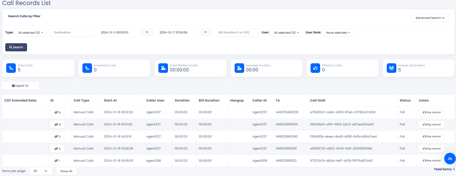 Screenshot of the Call Records List page