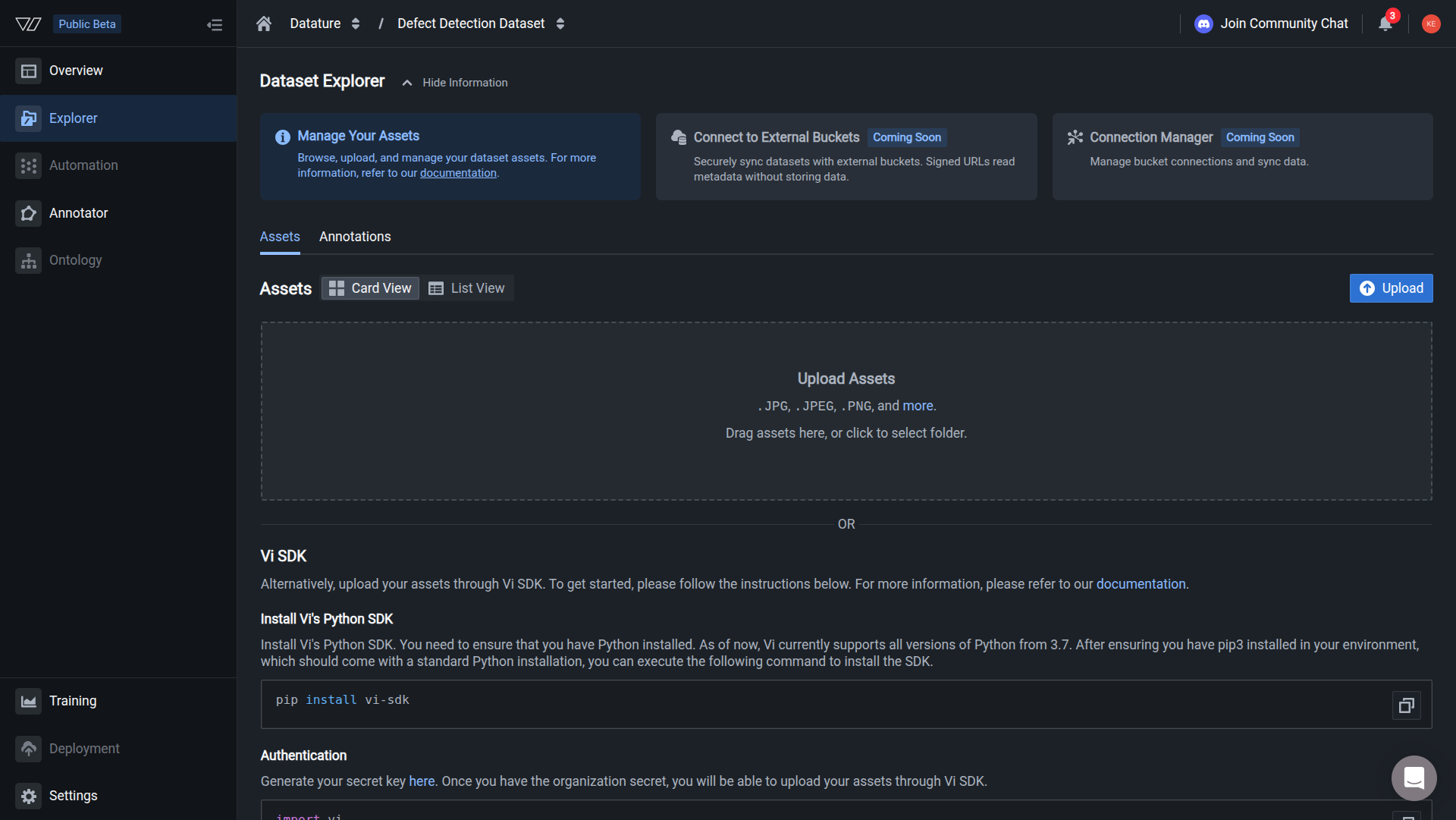 Dataset Explorer after bulk deletion showing no assets