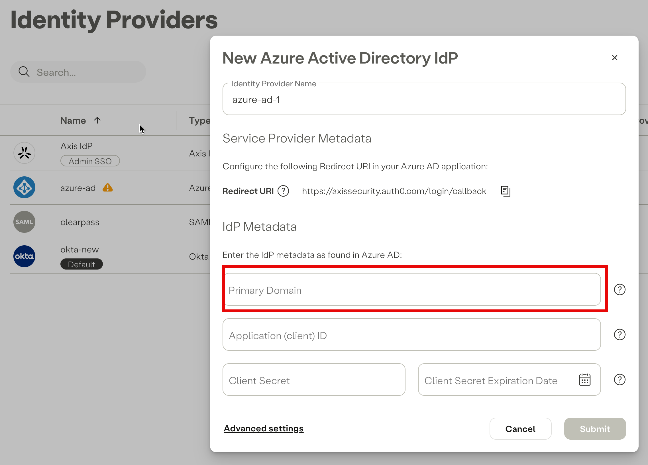 Pasting **Primary Domain** in the IdP form in the **Axis Management Console**