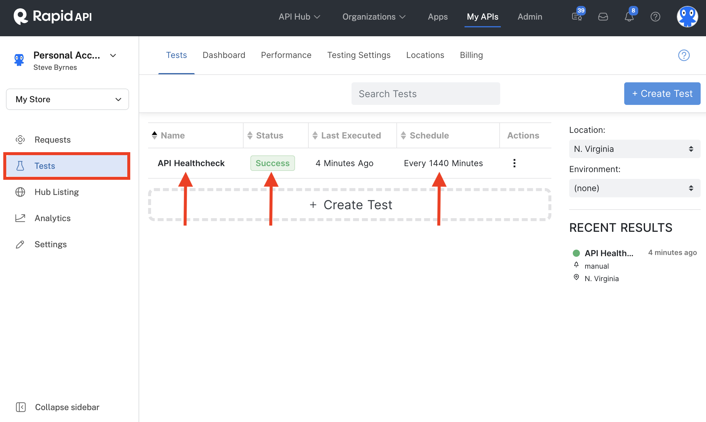 Viewing the automatically-created API Healthcheck test in API Testing.