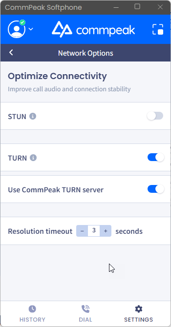 Screenshot of enabling TURN protocol setting using CommPeak servers