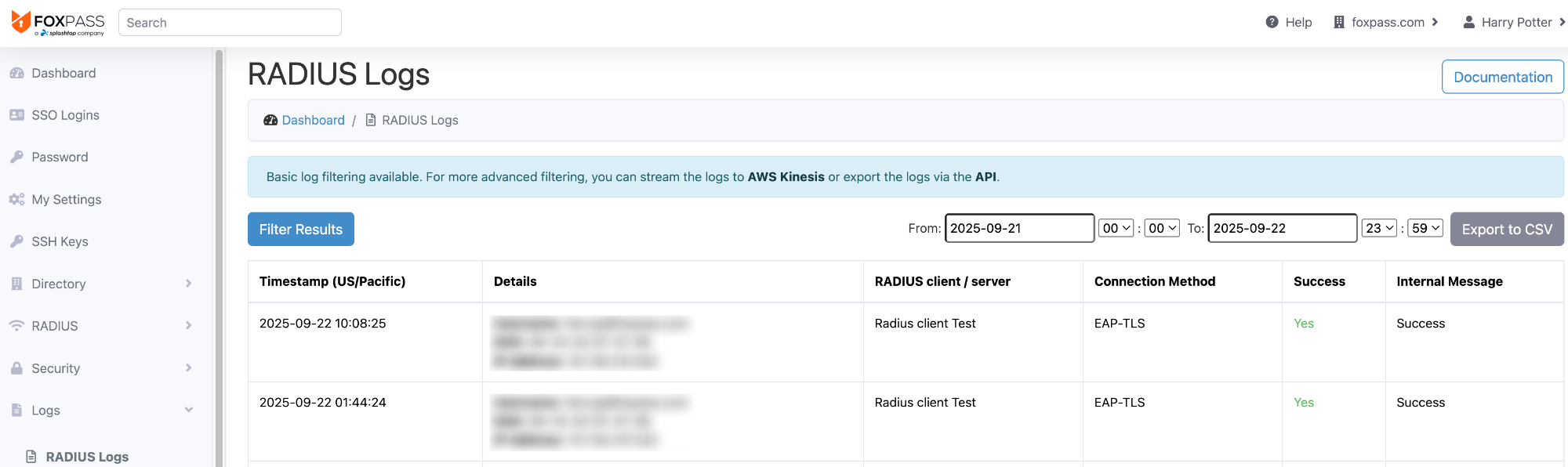 RADIUS logs page