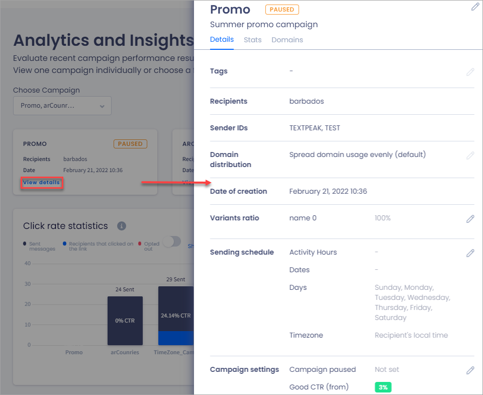 Screenshot of the side panel with campaign statistics and data