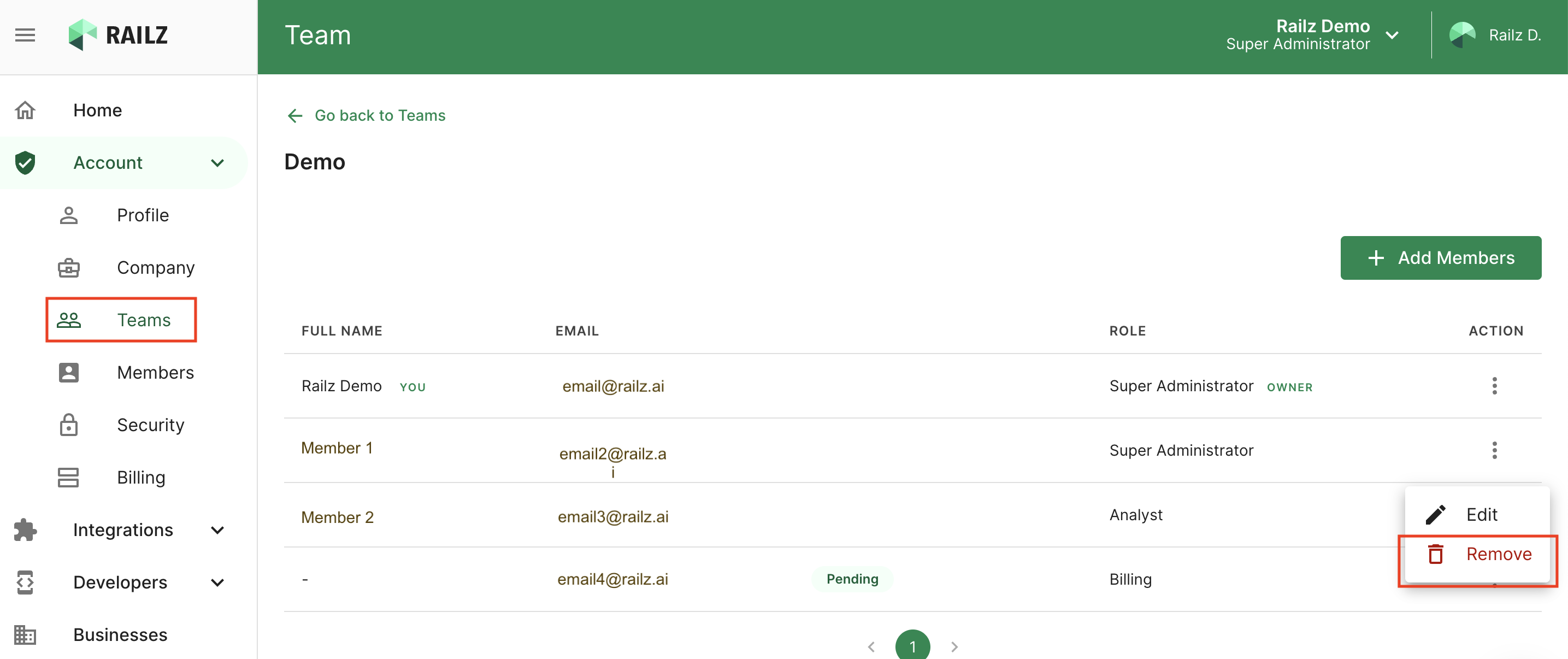 Manage team page in Railz Dashboard. Click to Expand.