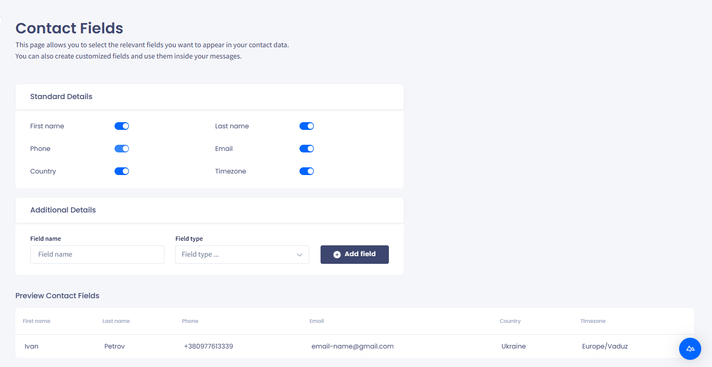 Screenshot of the **Contact Fields** page