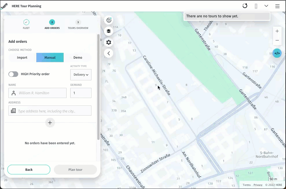 Adding orders by right-clicking on the map