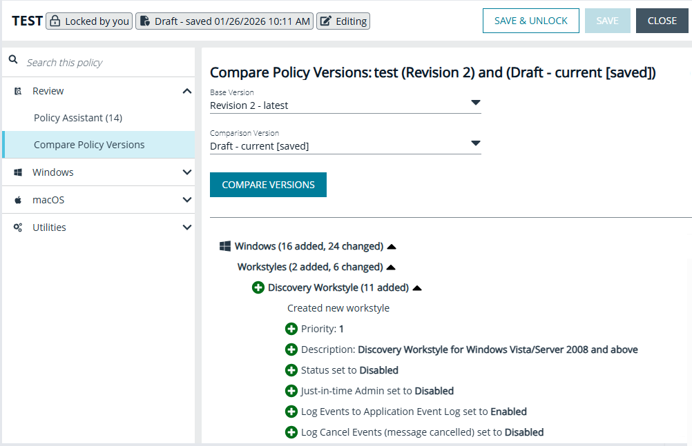 Compare policy versions