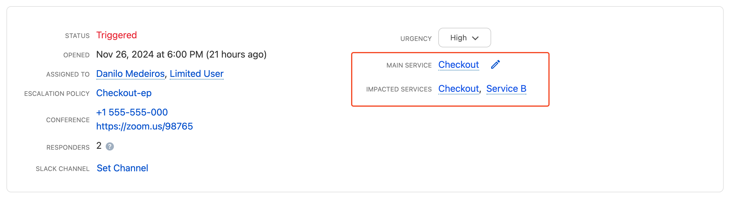 A screenshot of the PagerDuty web app showing an incident's main service and impacted services