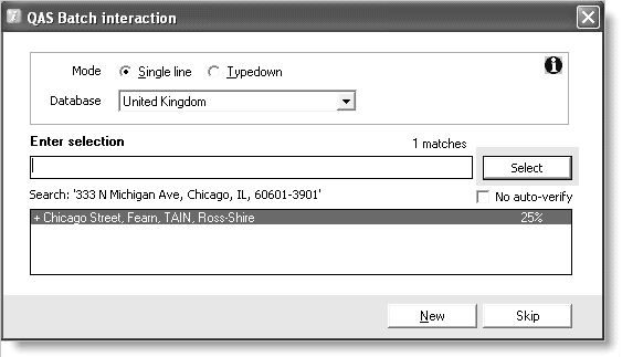 This window appears automatically during batch address verification if the Interact with user checkbox is selected.