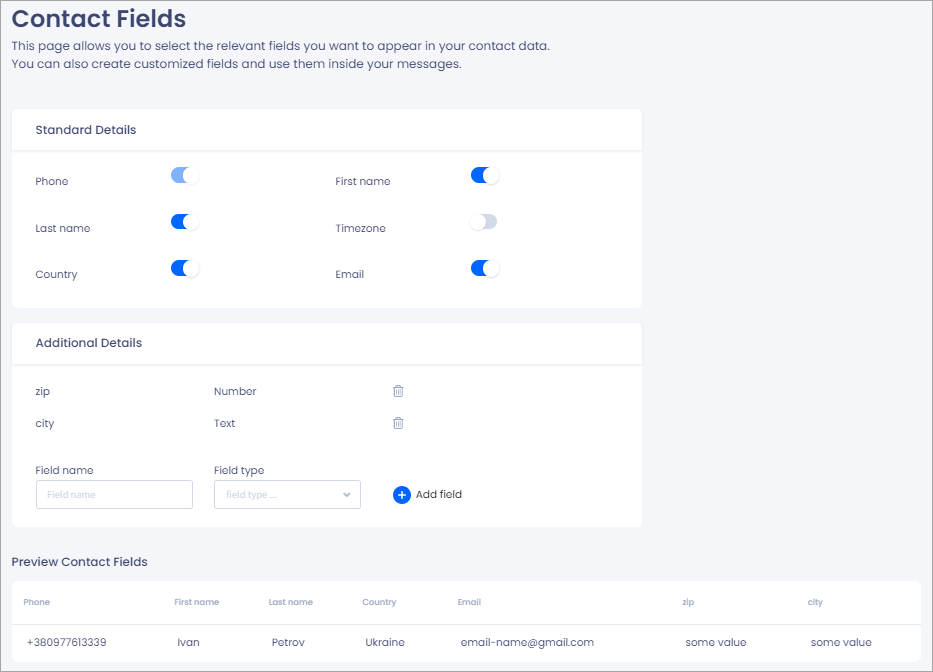 Screenshot of the **Contact Fields** page