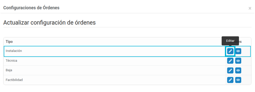 Editar configuración de las órdenes