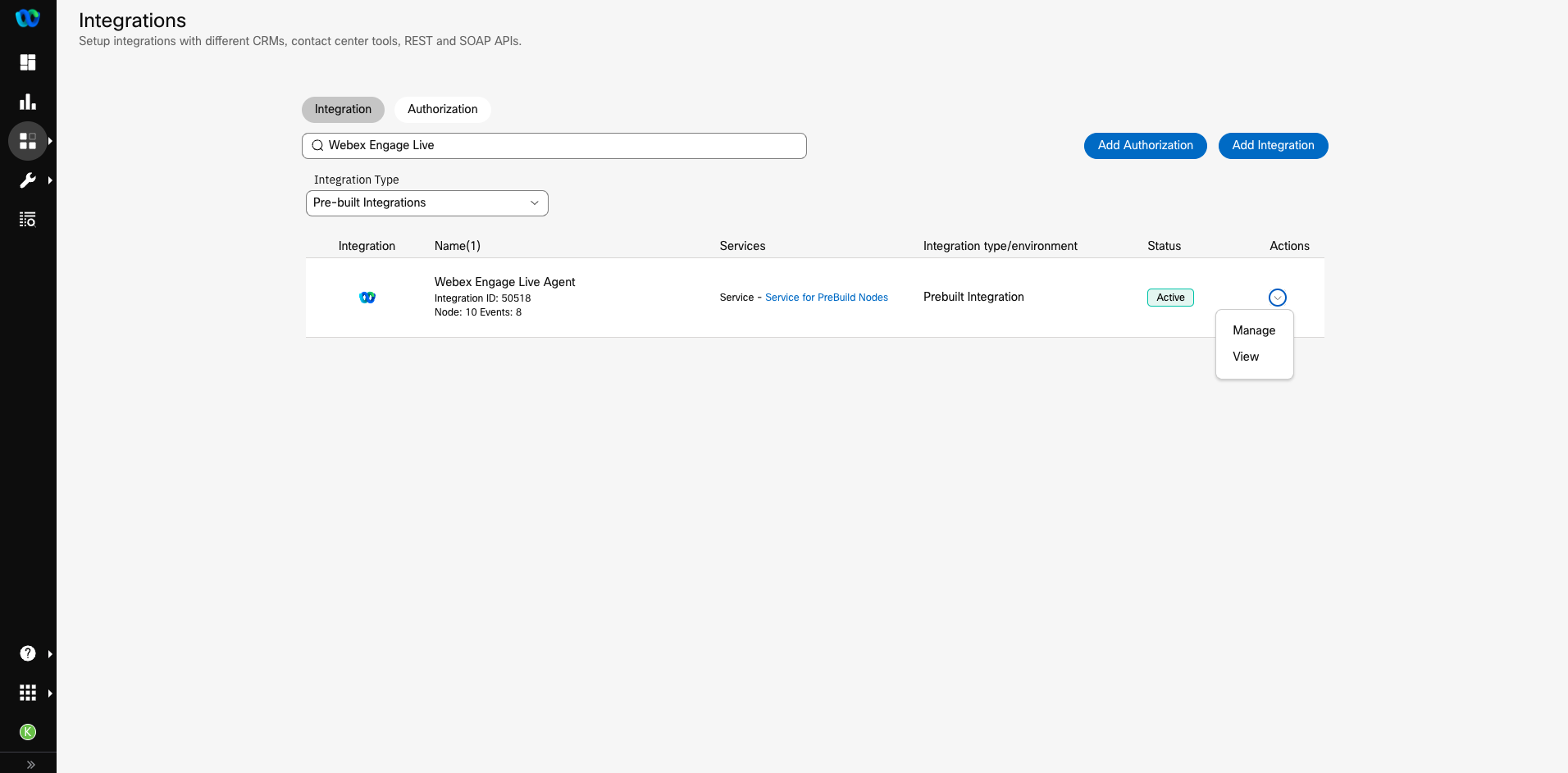 Assets > Integrations > Managing Integration