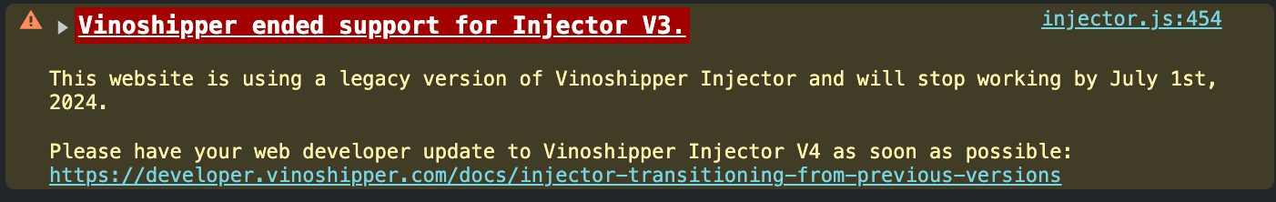 Console output when previous Injector version is detected.