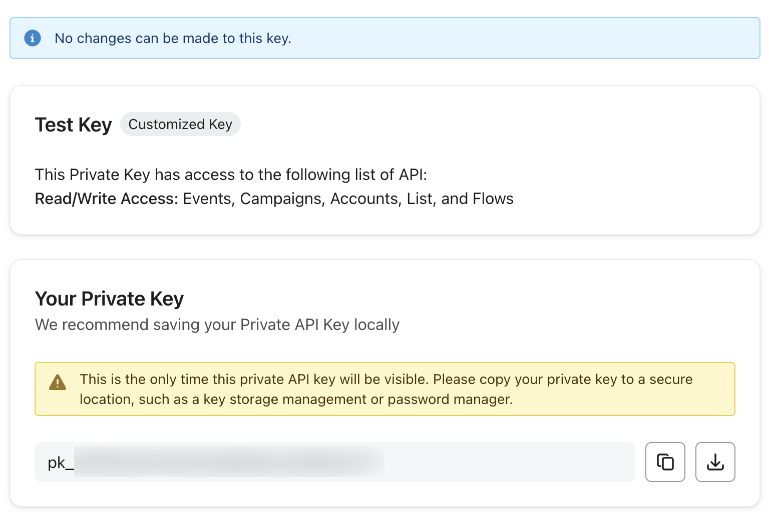 Created private key with its Read/Write access endpoints.