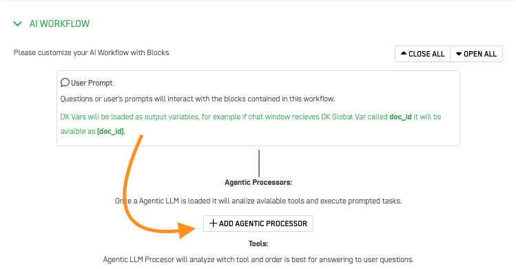 Add Agentic Processor – Add LLM option highlighted