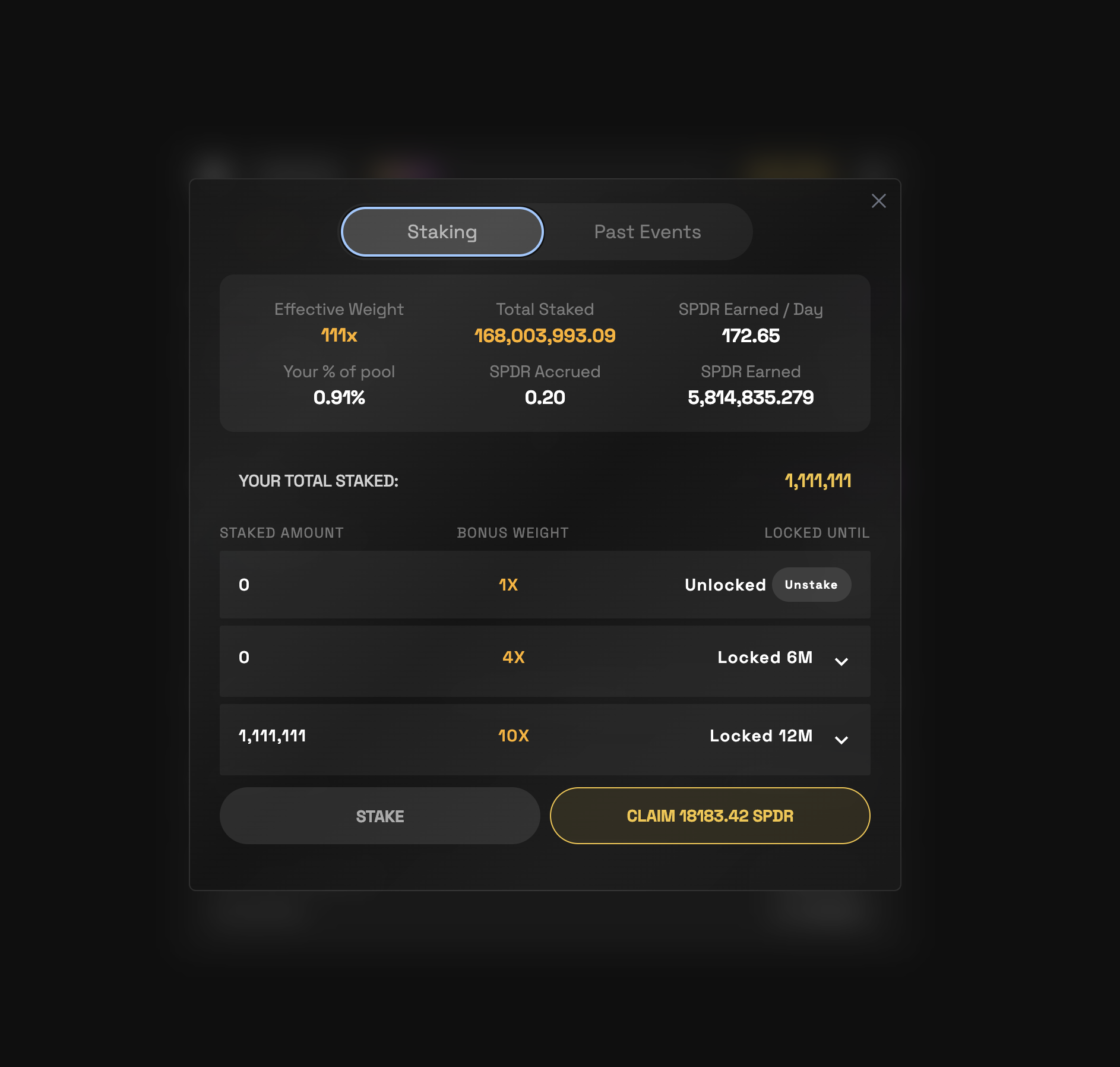 Staking window of https://app.carbium.io. Stake $SPDR to earn 15% of swap fees