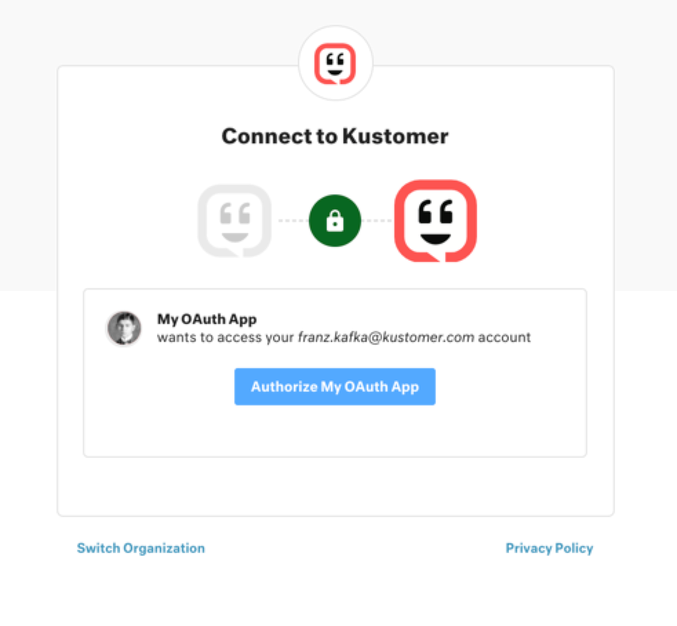 The Kustomer authorization screen in this example displays the app title "My OAuth App".