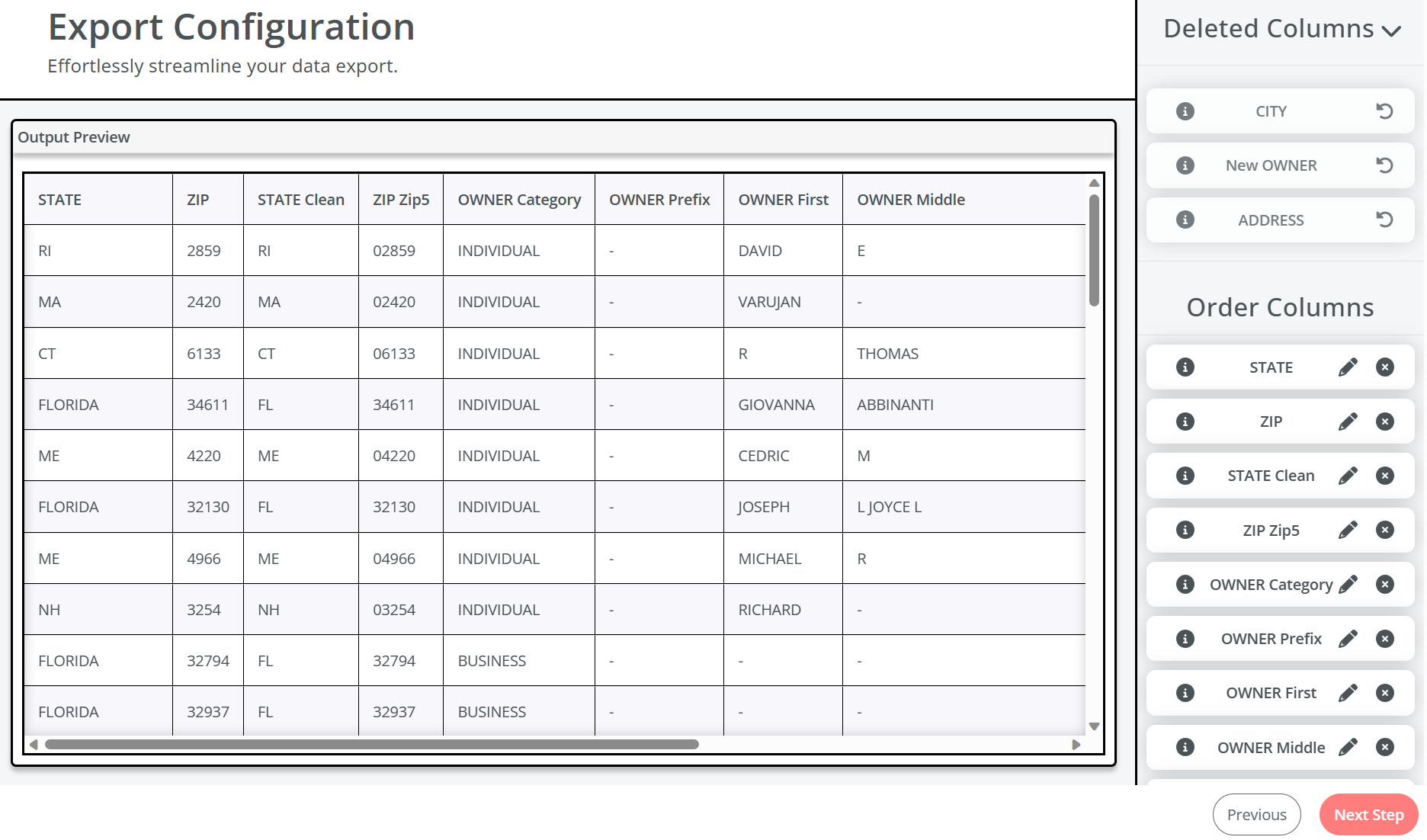 Export Page with deleted columns