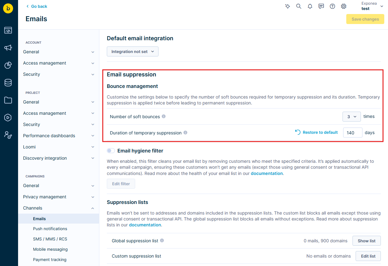 Email suppression settings interface highlighting bounce management options for configuring soft bounces and temporary suppression duration.