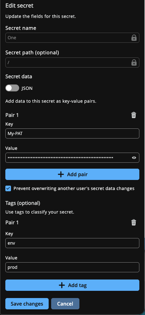 Edit secret form with locked name and path, editable key-value data and tags, and an overwrite protection option.