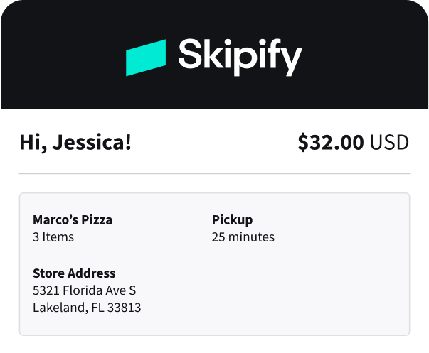 Image showing an example of the Skipify purchase details screen using a pizza resturant as the example