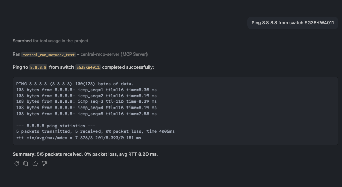 A ping result returned from a live device, surfacing a reachability problem
