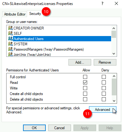 License container Properties dialog, Security tab. Authenticated Users selected with Read permission allowed and Advanced button highlighted.