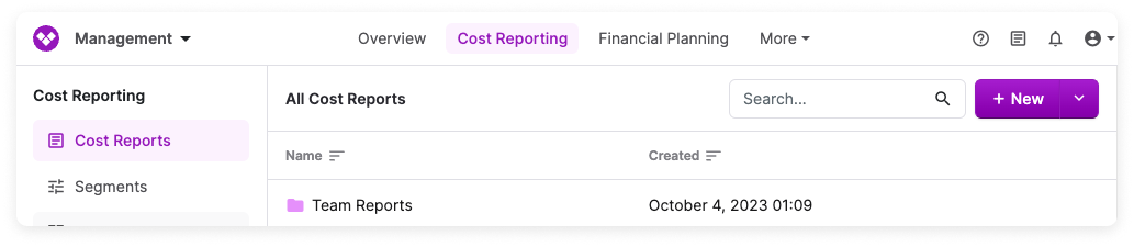 Team Reports folder for Cost Reports in the Vantage console