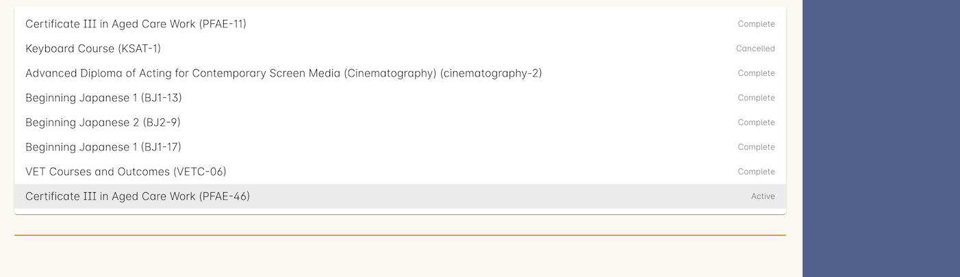 Figure 467. Search results show the name of each course and class as well as the status of the enrolment