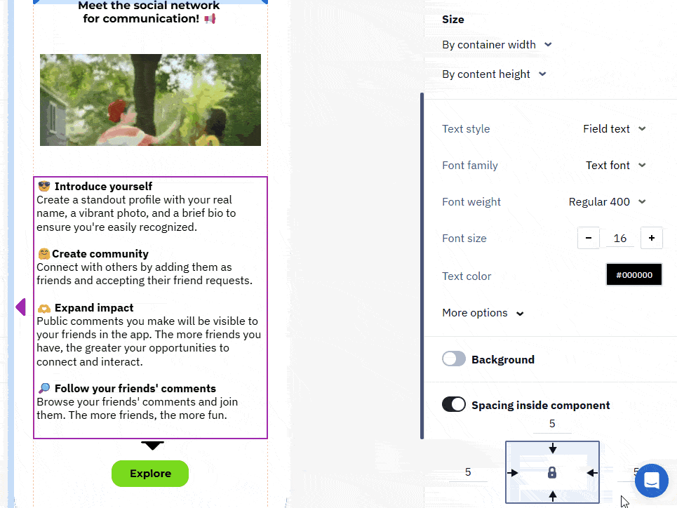 In-App editor showing the text block settings panel for the field text below the image