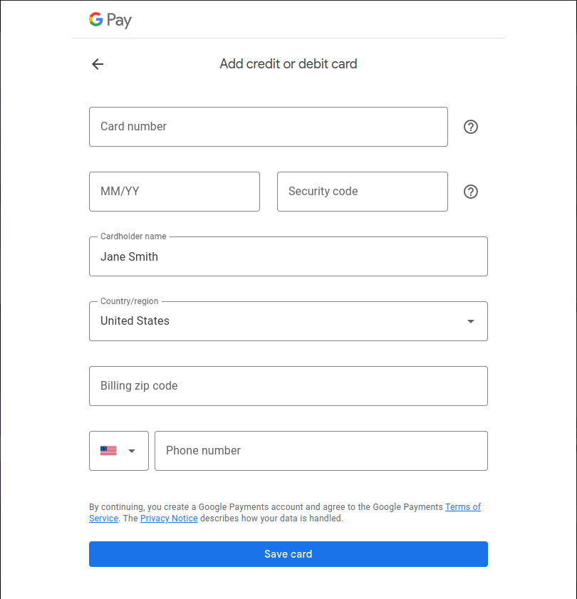 Checkout Component: Google Pay Adding Credit or Debit Card