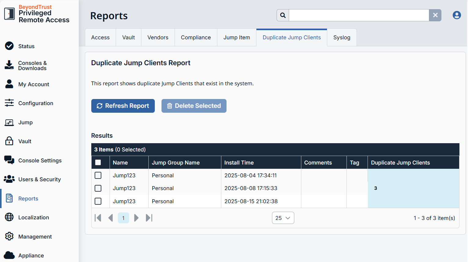 The Duplicate Jump Clients Report page displays a table of results with headers of Name, Jump Group Name, Installation Time, Comments, Tag, and Duplicate Count. Two results have been returned.