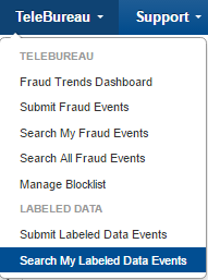 A screenshot of the TeleBureau menu with Search My Labeled Data Events selected.
