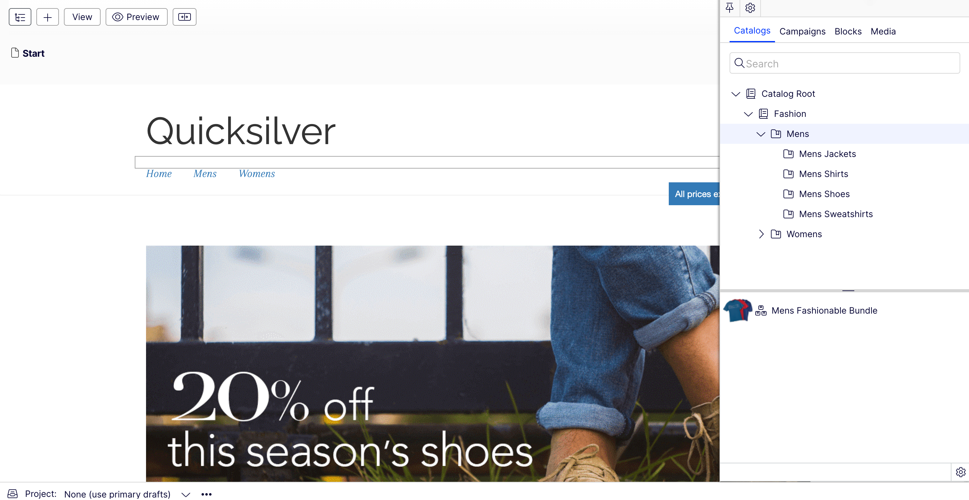 Screenshot of the Catalogs gadget in the Assets panel in CMS used to access catalog entries from the edit view.