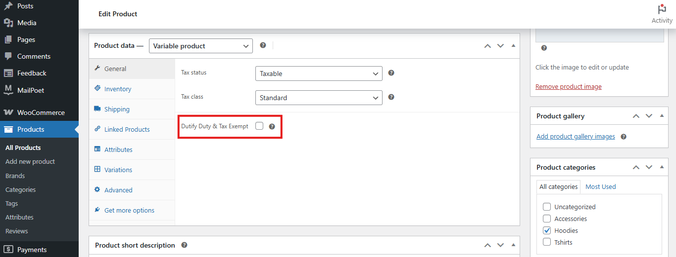 Dutify product settings screenshot